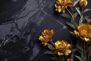 The marble texture in black and gold colors with golden flowers. Luxurious design. photo