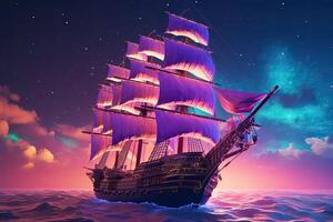 Old magic frigate flying on colorful cumulonimbus clouds. Ship in the ocean with stardust and fantasy sky. photo