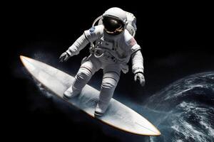 An astronaut surfing in the deep space. The spaceman on a surfboard is surfing the stars. photo