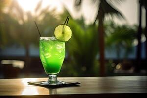 Tropical cocktail. Summer drinks and beach vacation background. photo