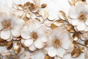 The marble texture in white and gold colors with golden flowers. Luxurious design wallpaper. photo