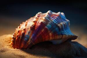 Shell on sand at beach. Summer seascape background. photo