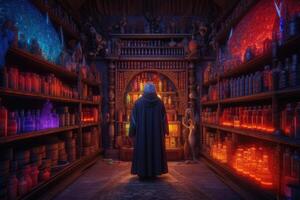 Anonymous tall man under a cloak in the mystical potion shop. photo