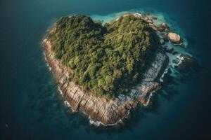 un tropical isla en el medio de el Oceano en el forma de corazón. un sitio a relajarse. generativo ai foto