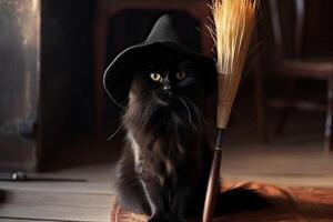 magia negro gato en sombrero es sentado siguiente a mágico escoba. generativo ai foto