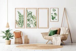 Frames in home interior. Room in boho style with natural wooden furniture and plants. photo