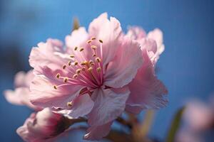 Branch of blossom tree on the blue sky background. photo