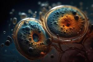 Biological cells under a microscope. The microorganisms microbes, bacteria, protein. photo