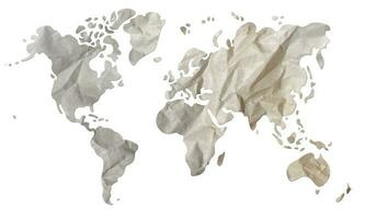 World map paper texture cut out on white background. photo
