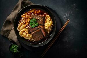Spicy red soup beef noodle in a bowl on wooden table photo