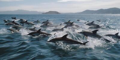 común delfines trabajo juntos como un equipo a emigrar , salvaje costa. ai generado foto