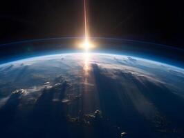 tierra curvatura con amanecer, imagen tomado desde espacio. ai generado foto