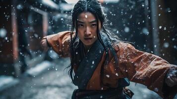 chino samurai niña en Nevado clima, ai generado foto
