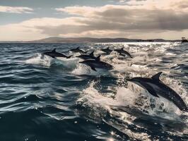 común delfines trabajo juntos como un equipo a emigrar , salvaje costa. ai generado foto