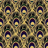 seamless pattern black purple peacock feather with thick golden outline, texture, design photo