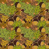 patrón transparente de otoño brillante de hojas de roble y bellotas sobre un fondo naranja, textura, diseño foto