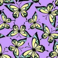 seamless pattern of bright colored butterflies on a purple background, texture, design photo