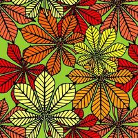 bright autumn seamless pattern of chestnut yellow and red leaves on a green background, texture, design photo