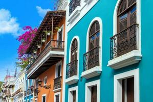 Puerto Rico colorful colonial architecture in historic city center photo