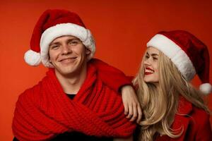 family in santa hats fun new year holiday isolated background photo