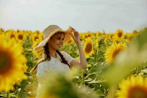 woman with pigtails in a hat on a field of sunflowers landscape photo