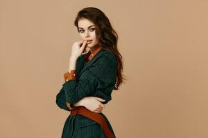 portrait of woman in suit and red belt shirt model photo