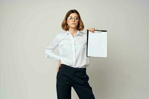 Business woman with folder in hands Copy Space office photo