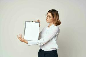 cheerful business woman in shirt and glasses manager work studio photo