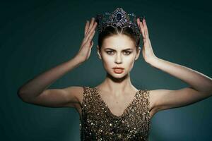 cheerful woman with a crown on her head jewelry luxury celebrity photo