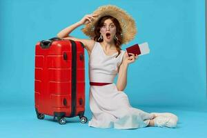 woman sitting on the floor with a red suitcase passport and plane tickets blue background photo