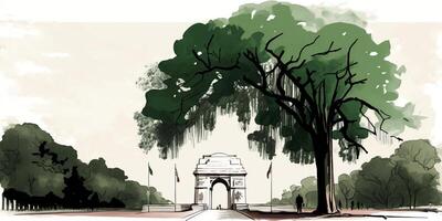 illustration of India gate in New Delhi on abstract flag tricolor background. . photo