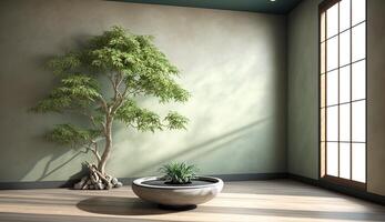 un espacioso habitación con un sereno sabio verde pared y un prominente japonés bonsai árbol. ai generado. foto