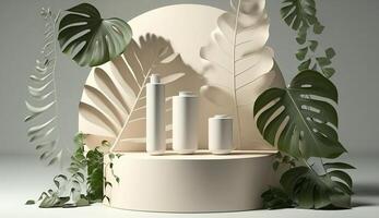 3D white podium for beauty skincare products display. stand to show cosmetic product. . photo