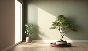 A spacious room with a serene sage green wall and a prominent Japanese bonsai tree. . photo