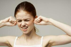 woman ear pain otitis media health problems infection isolated background photo