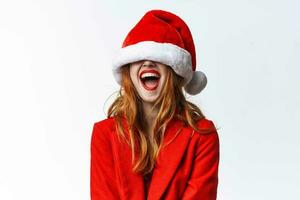 emotional woman wearing santa hat fun fashion decoration christmas photo