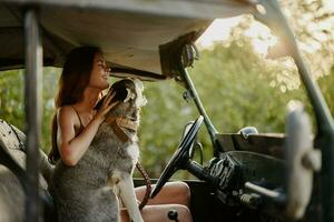 un hermosa joven mujer se sienta detrás el rueda de su coche juntos con un fornido raza perro y sonrisas alegremente disfruta el viaje foto