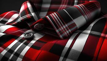 Black, Red and White Tartan Plaid Seamless fabric on shirt. . photo