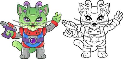 cartoon funny alien cat coloring book vector