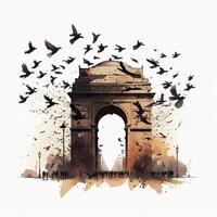 illustration of India gate in New Delhi on abstract flag tricolor background. . photo