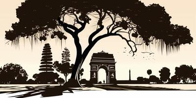 illustration of India gate in New Delhi on abstract flag tricolor background. . photo