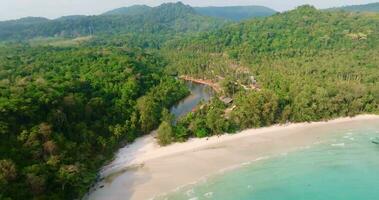 aéreo zumbido ver de el tropical playa con claro turquesa mar, blanco arena y palma árbol video