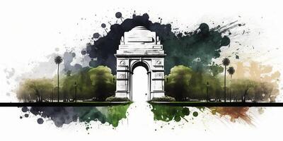 ilustración de India portón en nuevo Delhi en resumen bandera tricolor antecedentes. ai generado. foto