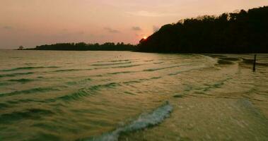 aéreo zumbido ver de el tropical playa con blanco arena y palma árbol a el puesta de sol video
