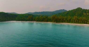 aérien drone vue de le tropical plage avec clair turquoise mer, blanc le sable et paume arbre video