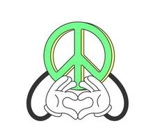 Retro groovy peace sign with hand showing love heart gesture. Vintage hippie cartoon pacifist symbol. Hippy style trendy y2k vector isolated eps illustration
