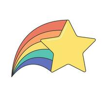 retro maravilloso estrella con vistoso arco iris de colores rastro. Clásico hippie dibujos animados iridiscente pista desde amarillo cometa pegatina. hippy estilo de moda y2k miedoso vector aislado eps ilustración