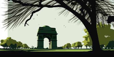 illustration of India gate in New Delhi on abstract flag tricolor background. . photo