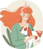 Woman hugging a dog in the background. Vector illustration in a flat style.