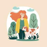 un mujer camina con un perro en el bosque. activo recreación concepto. ilustración en un plano estilo. vector